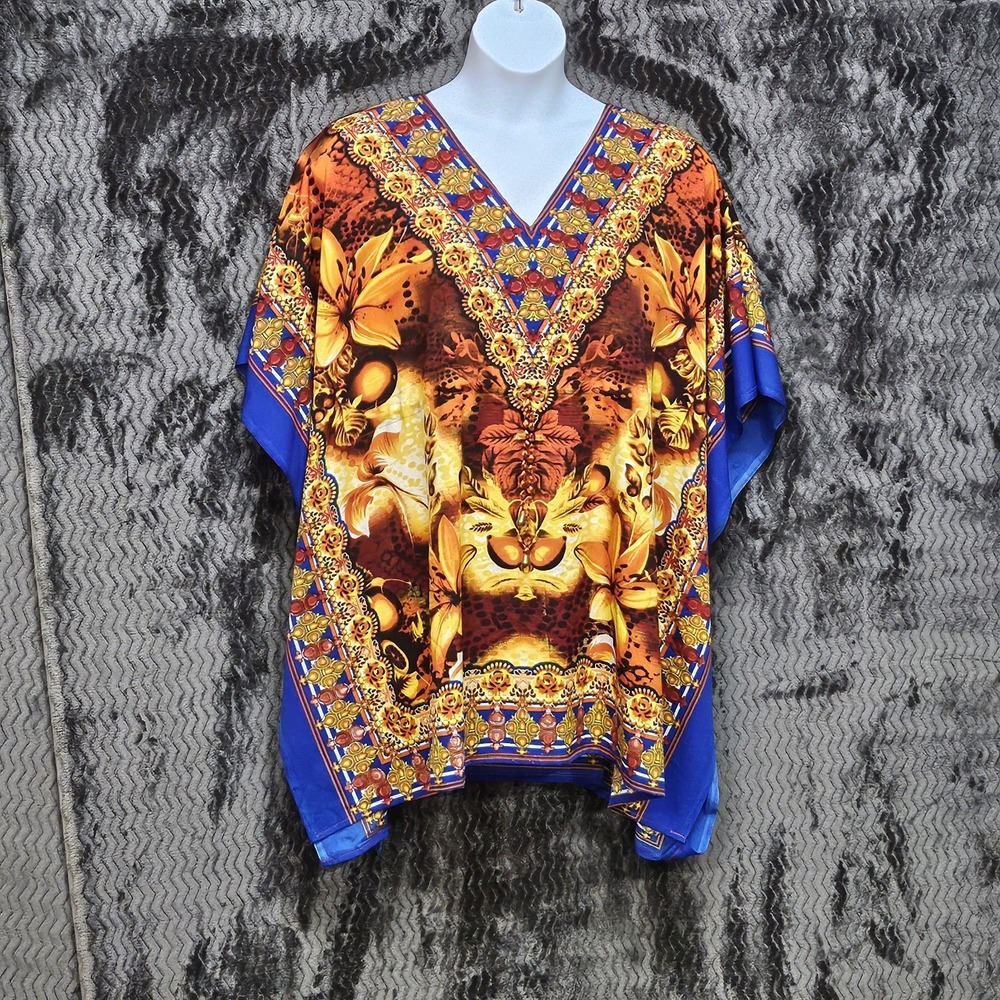 Vtg Poncho Kimono Top Womens OSFM Floral Hawaiian Cruise Beaded Resort‎ Kafton